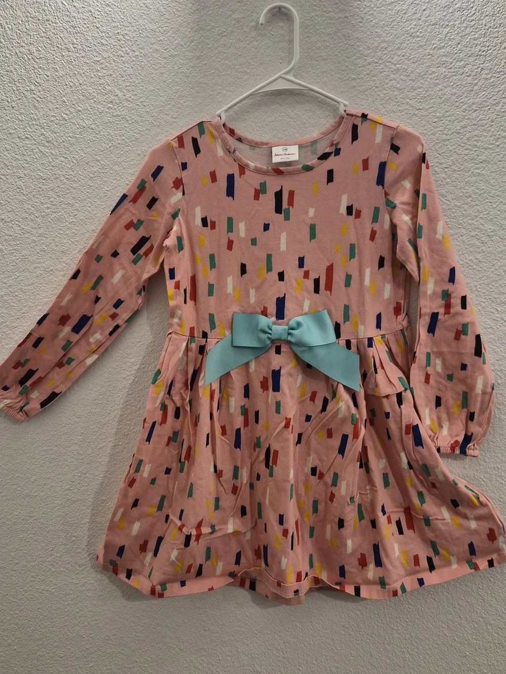 Kids Long Sleeve Pink Confetti Dress with Teal Bow size 140